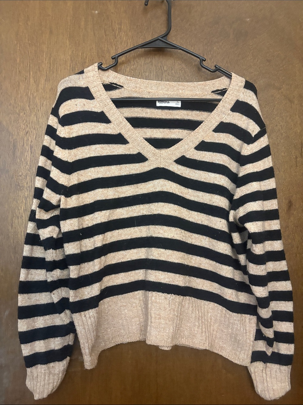 Sonoma Black and Cream Striped V-Neck Sweater